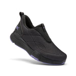 Angled profile view of the KURU QUANTUM 2 Slip-On Women's Slip-On Sneaker in Jet Black-Purple Haze.
