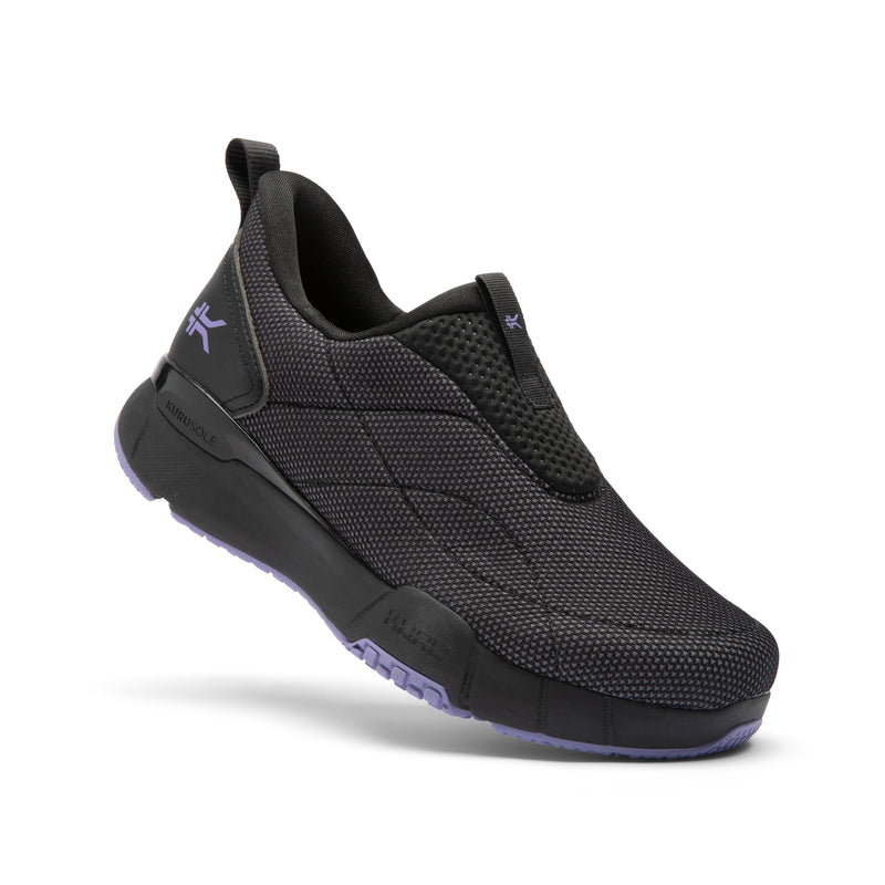 Angled profile view of the KURU QUANTUM 2 Slip-On Women's Slip-On Sneaker in Jet Black-Purple Haze.