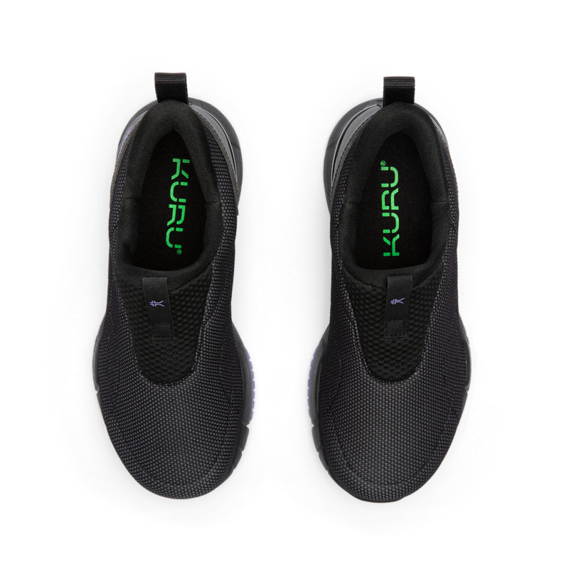 Top-down view of the KURU QUANTUM 2 Slip-On Women's Slip-On Sneaker in Jet Black-Purple Haze.