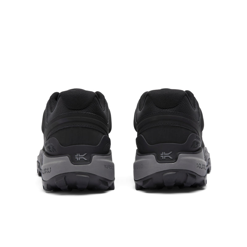 Back heel view of the KURU RIDGE Motion Men's Boot in Jet Black-Charcoal Gray.