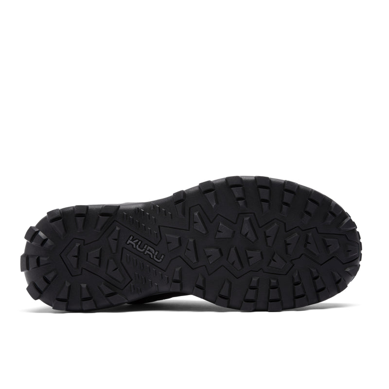 Outsole view of the KURU RIDGE Motion Men's Boot in Jet Black-Charcoal Gray, showing the KURUSOLE tread.