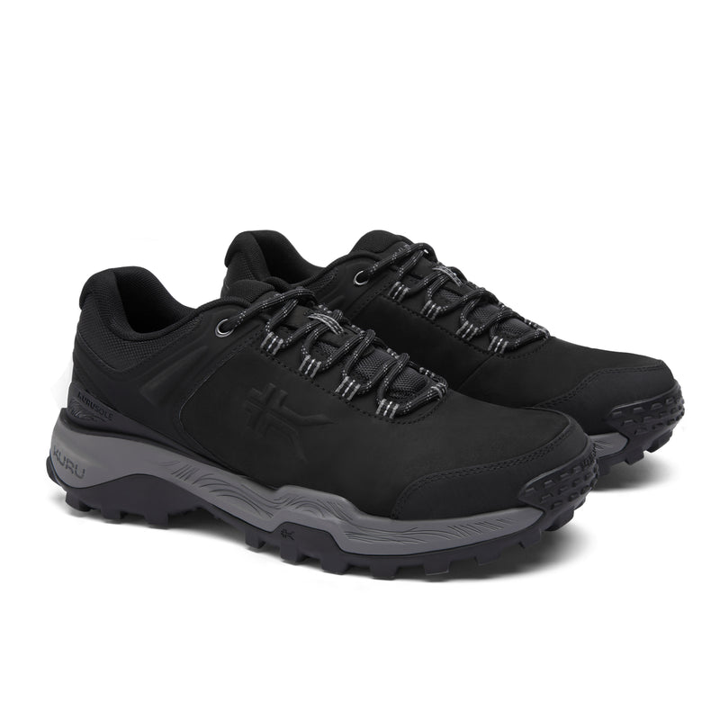 Pair of KURU RIDGE Motion Men's Boot in Jet Black-Charcoal Gray, angled view.