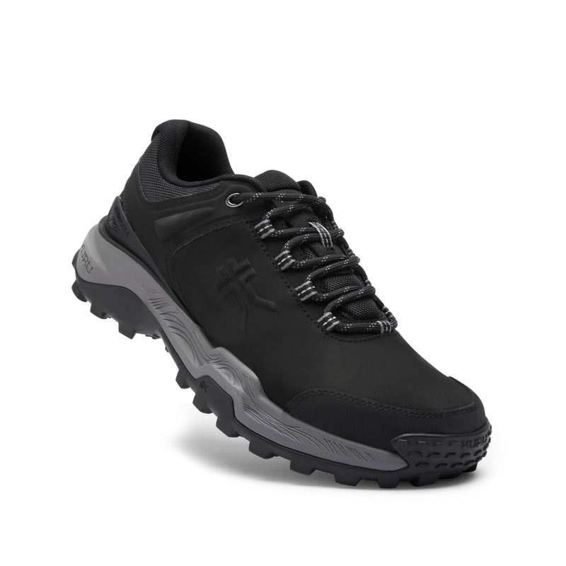 Angled profile view of the KURU RIDGE Motion Men's Boot in Jet Black-Charcoal Gray.