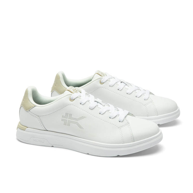 Pair of KURU ROAM 2 Unisex Sneaker in Bright White-Sand, angled view.