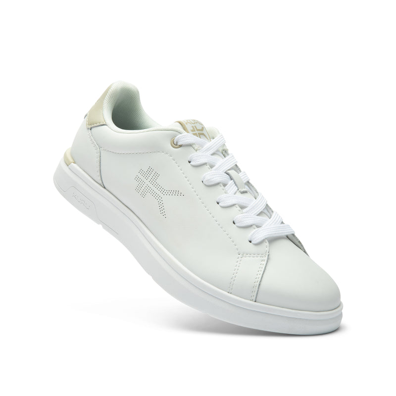Angled profile view of the KURU ROAM 2 Unisex Sneaker in Bright White-Sand.