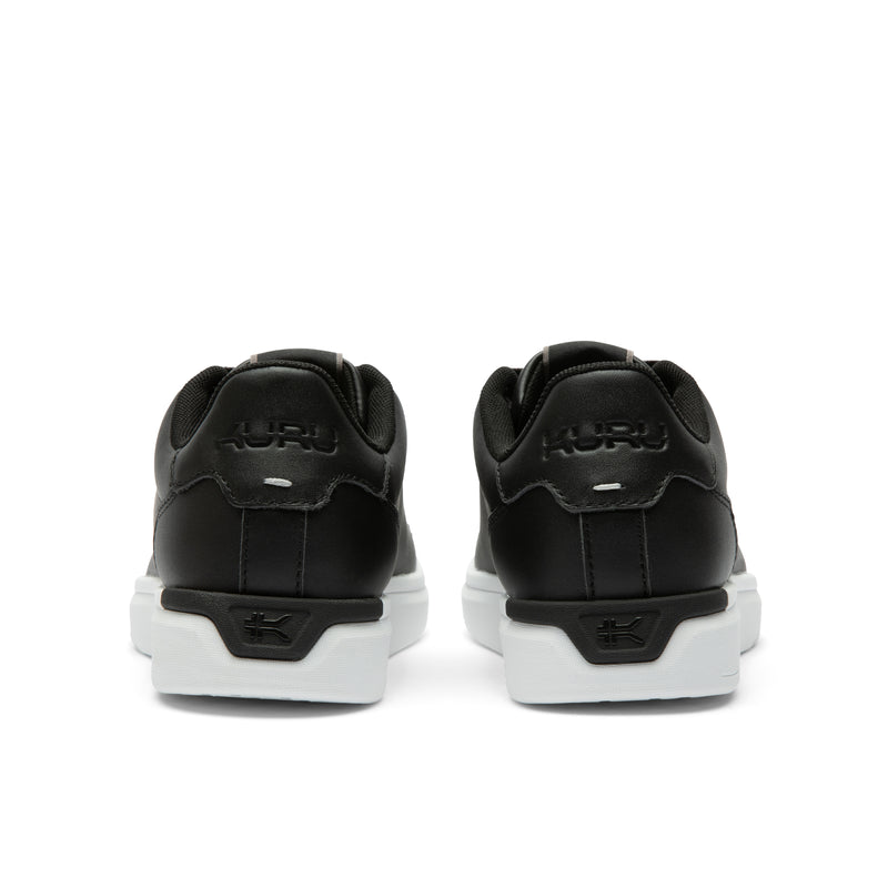 Back heel view of the KURU ROAM 2 Unisex Sneaker in Jet Black-Bright White.