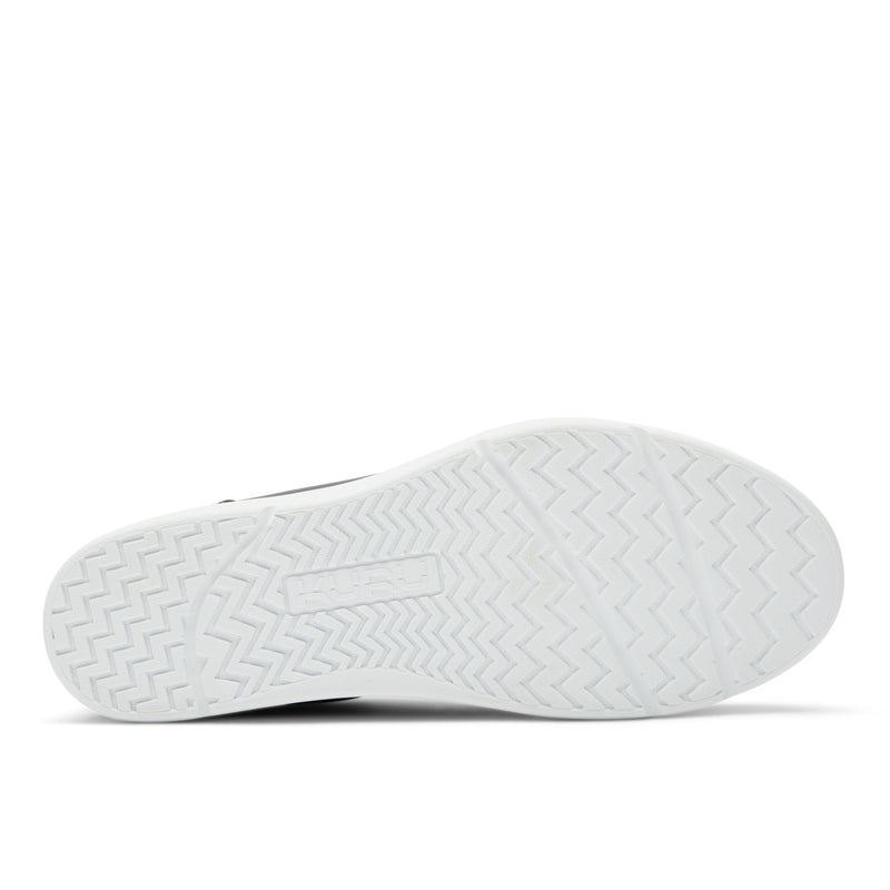 Outsole view of the KURU ROAM 2 Unisex Sneaker in Jet Black-Bright White, showing the KURUSOLE tread.
