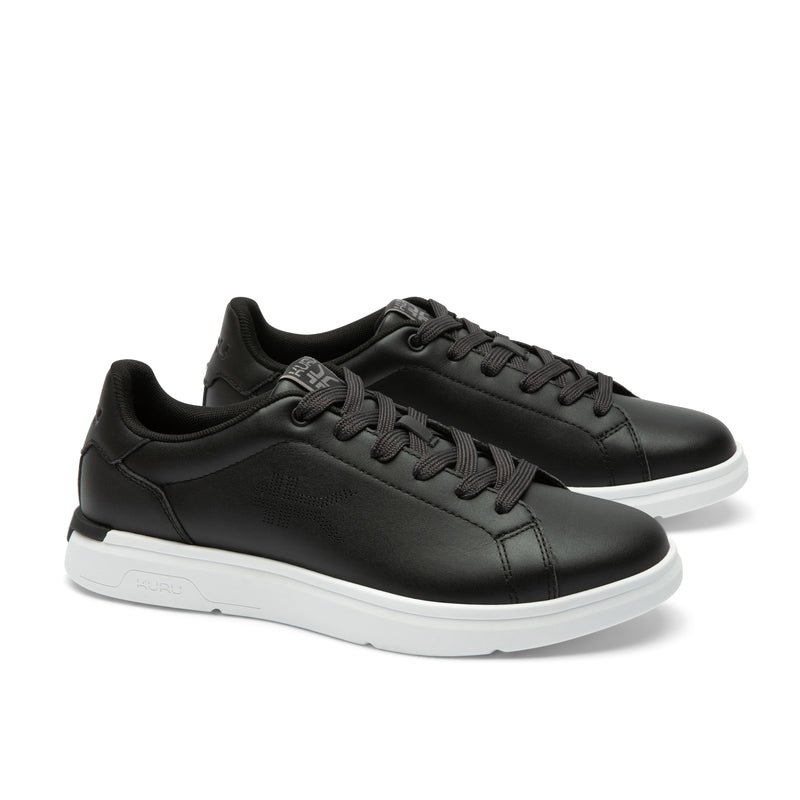 Pair of KURU ROAM 2 Unisex Sneaker in Jet Black-Bright White, angled view.