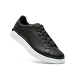 Angled profile view of the KURU ROAM 2 Unisex Sneaker in Jet Black-Bright White.