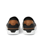 Back heel view of the KURU ROAM 2 Atla Women's Sneaker in Jet Black-Cognac Brown.