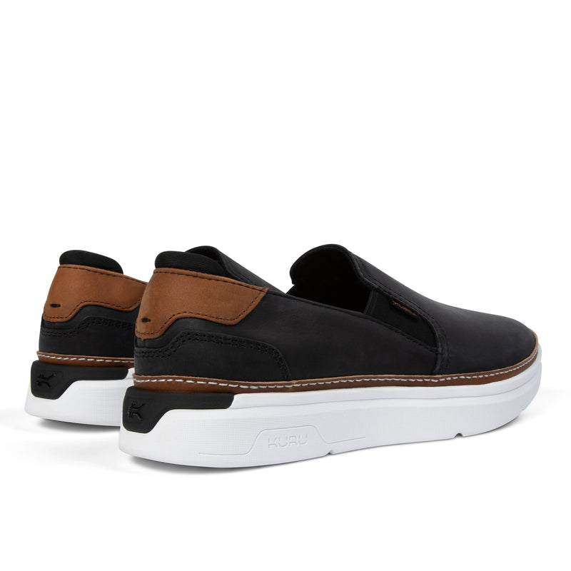 Close-up of the heel cup on the KURU ROAM 2 Atla Women's Sneaker in Jet Black-Cognac Brown.