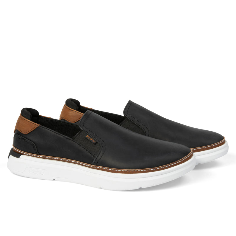 Pair of KURU ROAM 2 Atla Women's Sneaker in Jet Black-Cognac Brown, angled view.
