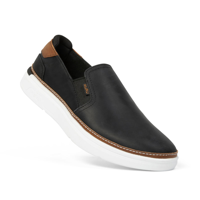 Angled profile view of the KURU ROAM 2 Atla Women's Sneaker in Jet Black-Cognac Brown.