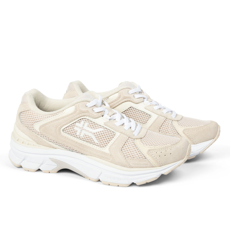 Pair of KURU SURGE Unisex Sneaker in Ashwood-Bright White, angled view.