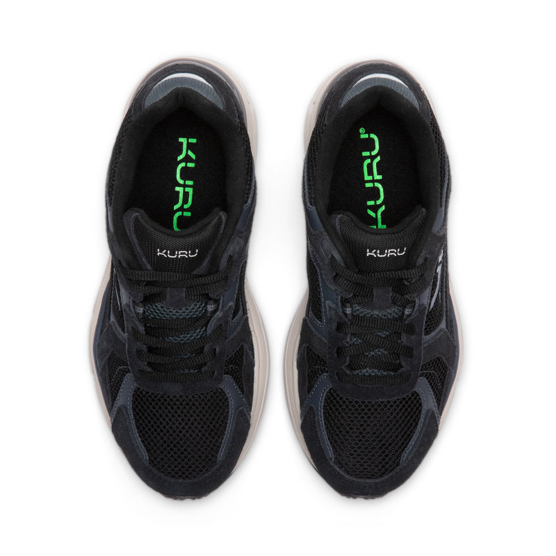 Top-down view of the KURU SURGE Unisex Sneaker in Jet Black-Bone Gray.