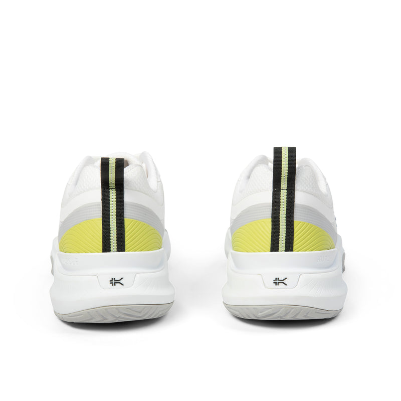 Back heel view of the KURU VELOCITY Men's Sneaker in Bright White-Limelight.
