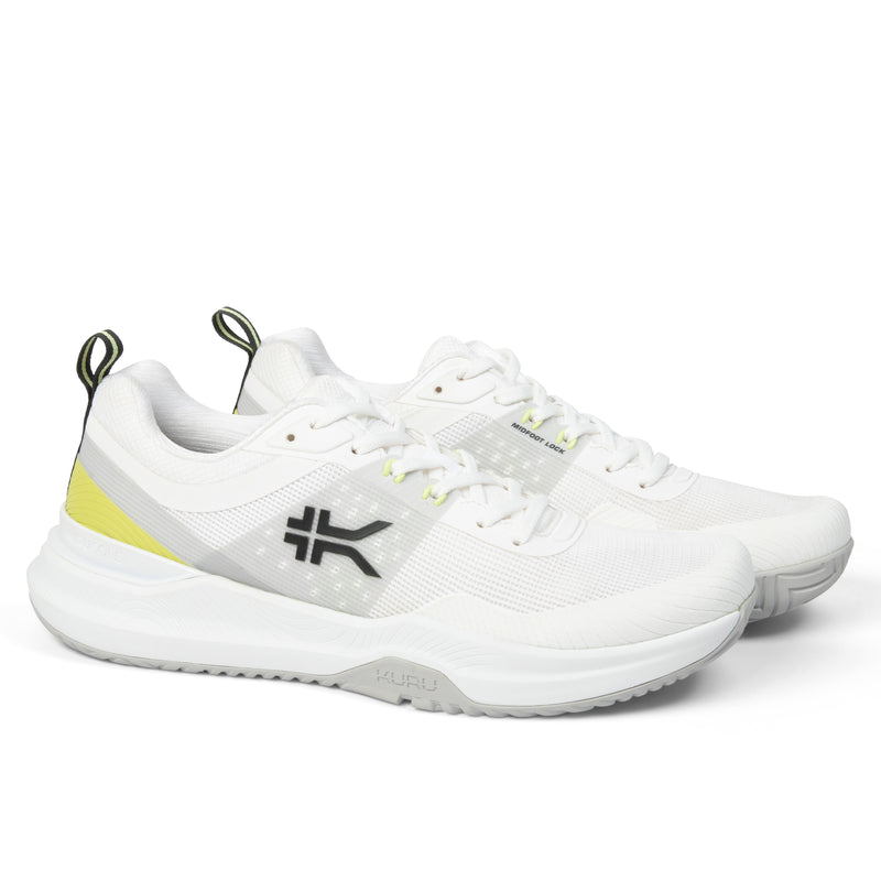 Pair of KURU VELOCITY Men's Sneaker in Bright White-Limelight, angled view.