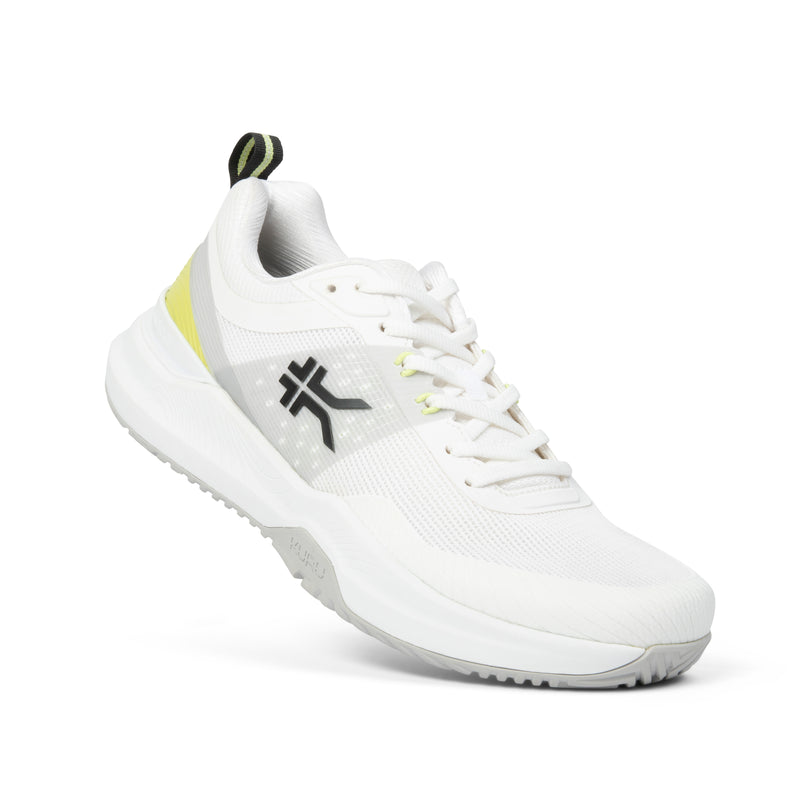 Angled profile view of the KURU VELOCITY Men's Sneaker in Bright White-Limelight.