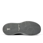 Outsole view of the KURU VELOCITY Men's Sneaker in Jet Black-Charcoal Gray, showing the KURUSOLE tread.