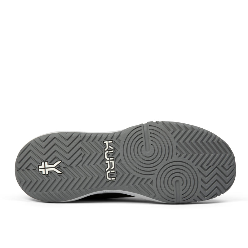 Outsole view of the KURU VELOCITY Men's Sneaker in Jet Black-Charcoal Gray, showing the KURUSOLE tread.