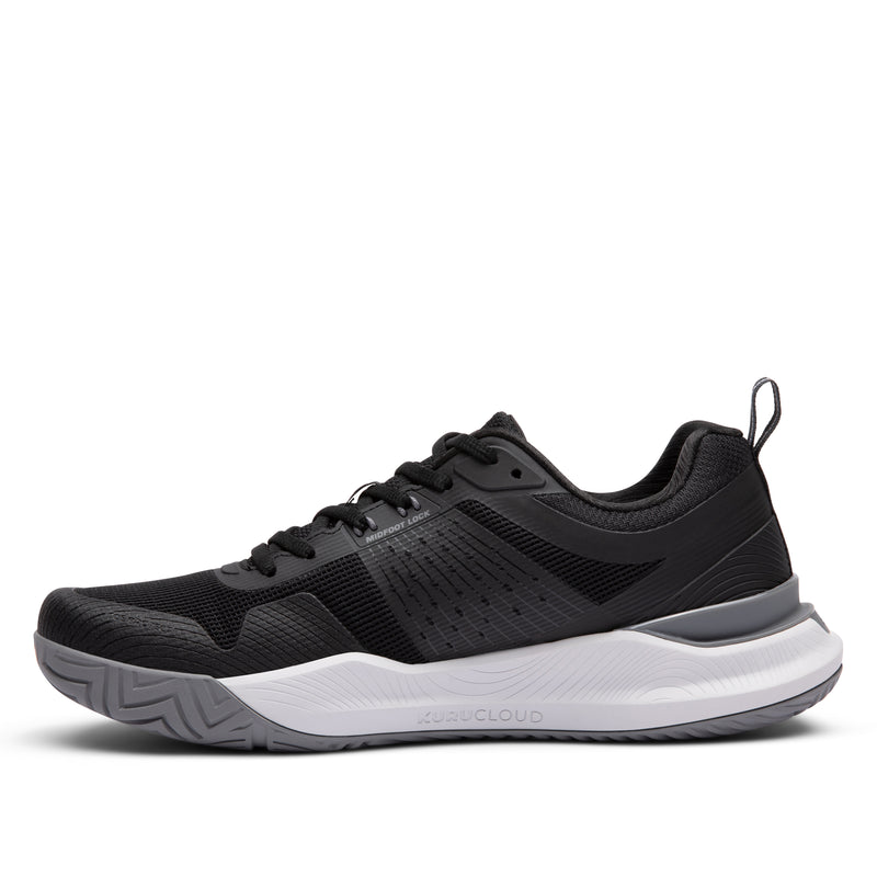 Inner side view of the KURU VELOCITY Men's Sneaker in Jet Black-Charcoal Gray.