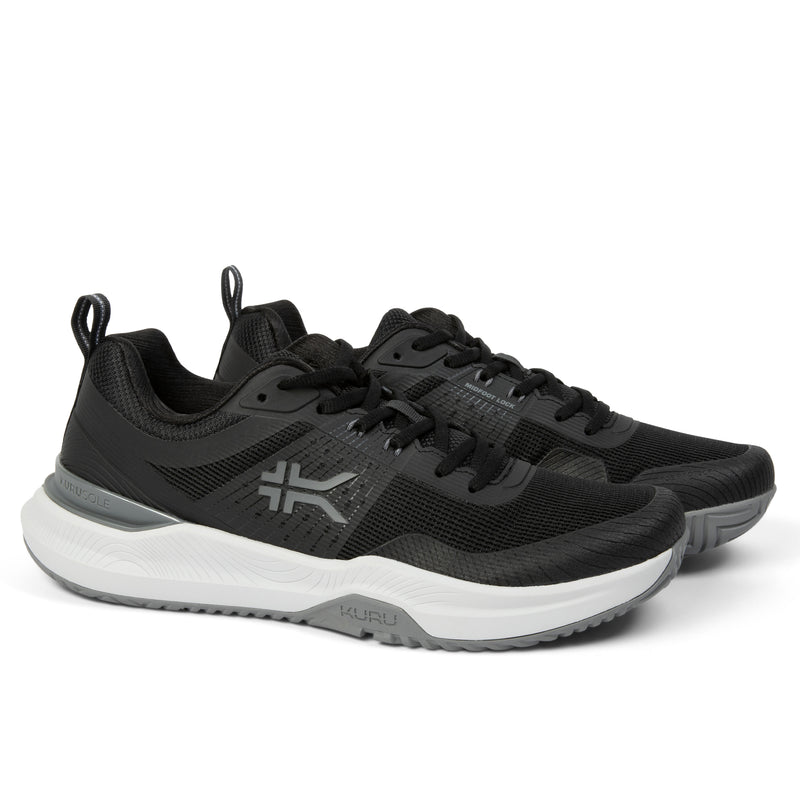 Pair of KURU VELOCITY Men's Sneaker in Jet Black-Charcoal Gray, angled view.