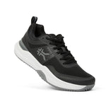 Angled profile view of the KURU VELOCITY Men's Sneaker in Jet Black-Charcoal Gray.
