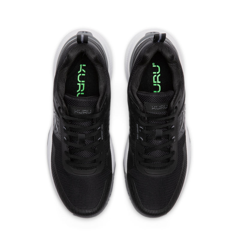 Top-down view of the KURU VELOCITY Men's Sneaker in Jet Black-Charcoal Gray.