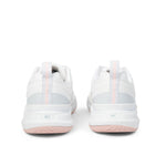 Back heel view of the KURU VELOCITY Women's Sneaker in Bright White-Lotus Pink.