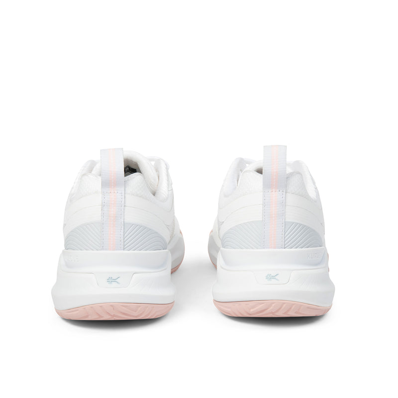 Back heel view of the KURU VELOCITY Women's Sneaker in Bright White-Lotus Pink.