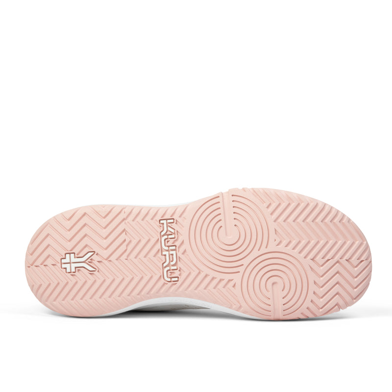 Outsole view of the KURU VELOCITY Women's Sneaker in Bright White-Lotus Pink, showing the KURUSOLE tread.