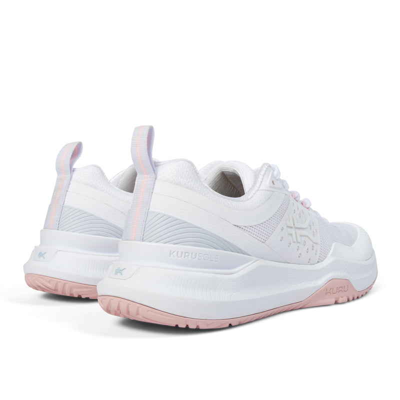 Close-up of the heel cup on the KURU VELOCITY Women's Sneaker in Bright White-Lotus Pink.