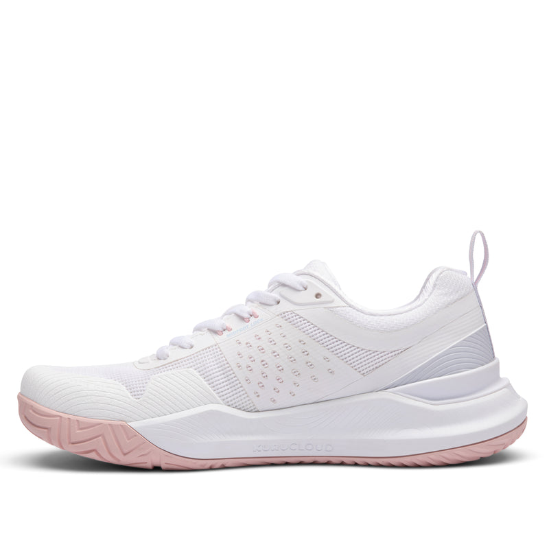 Inner side view of the KURU VELOCITY Women's Sneaker in Bright White-Lotus Pink.