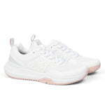 Pair of KURU VELOCITY Women's Sneaker in Bright White-Lotus Pink, angled view.