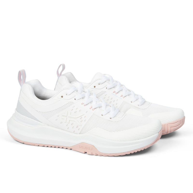 Pair of KURU VELOCITY Women's Sneaker in Bright White-Lotus Pink, angled view.