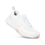 Angled profile view of the KURU VELOCITY Women's Sneaker in Bright White-Lotus Pink.