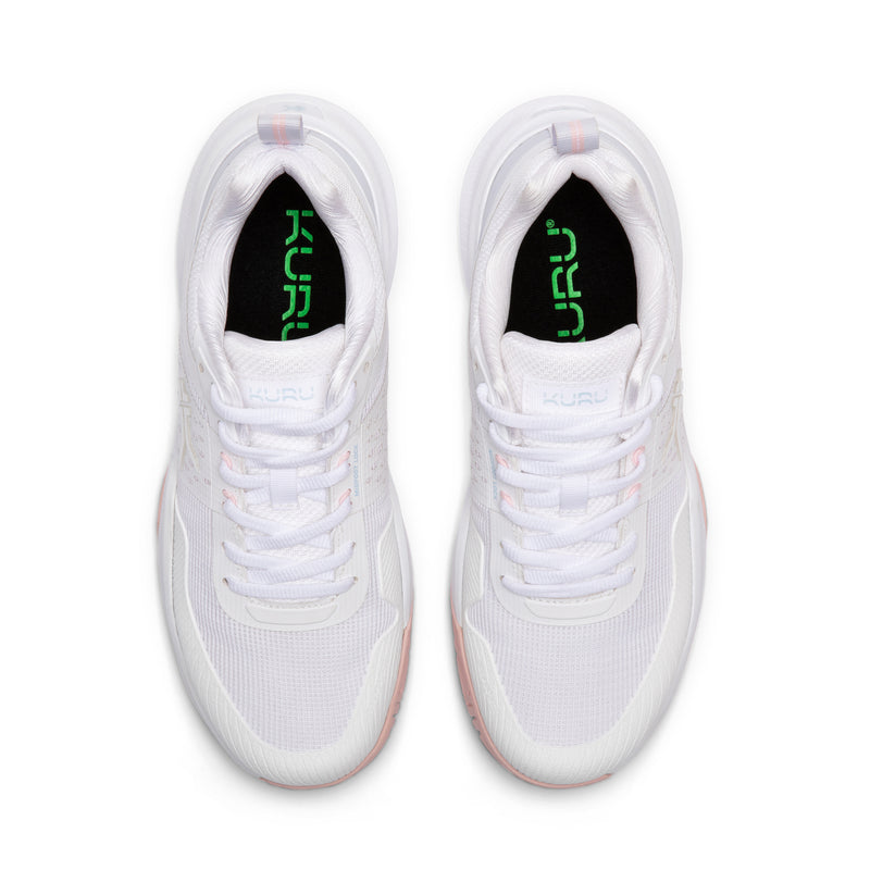 Top-down view of the KURU VELOCITY Women's Sneaker in Bright White-Lotus Pink.