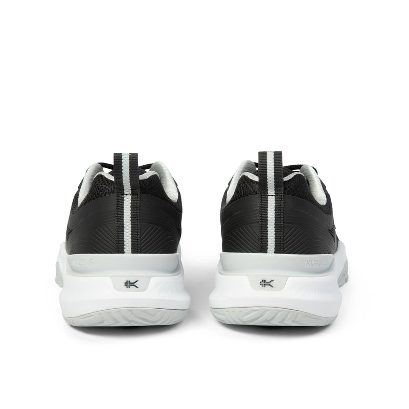 Back heel view of the KURU VELOCITY Women's Sneaker in Jet Black-Dove Gray.