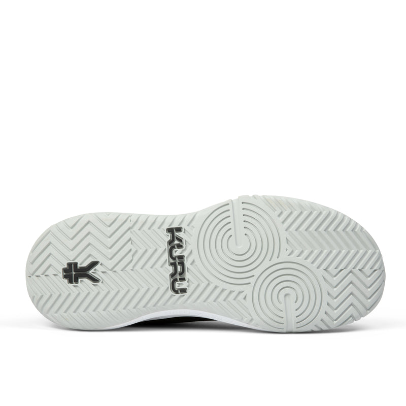 Outsole view of the KURU VELOCITY Women's Sneaker in Jet Black-Dove Gray, showing the KURUSOLE tread.