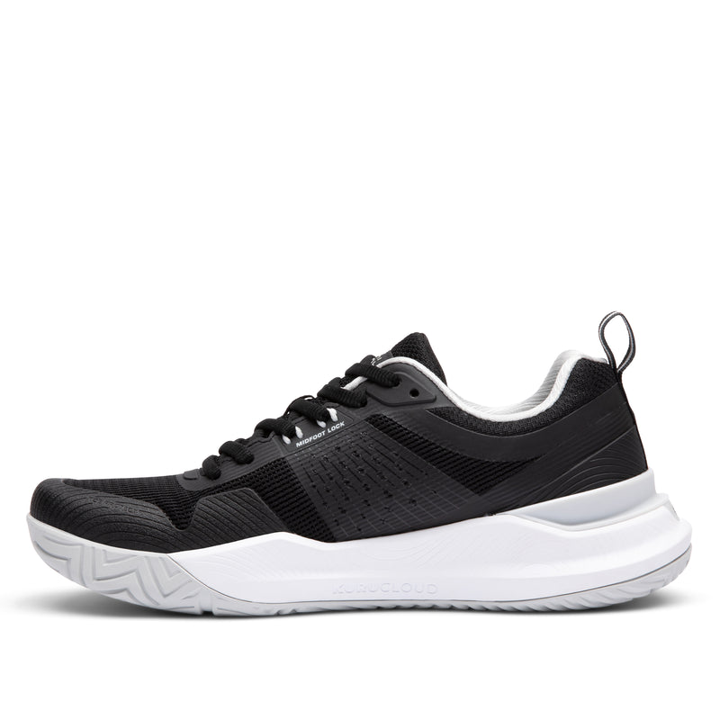 Inner side view of the KURU VELOCITY Women's Sneaker in Jet Black-Dove Gray.