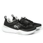 Pair of KURU VELOCITY Women's Sneaker in Jet Black-Dove Gray, angled view.
