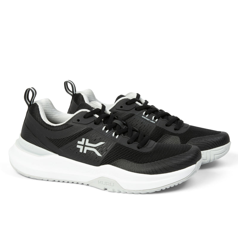 Pair of KURU VELOCITY Women's Sneaker in Jet Black-Dove Gray, angled view.