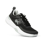 Angled profile view of the KURU VELOCITY Women's Sneaker in Jet Black-Dove Gray.