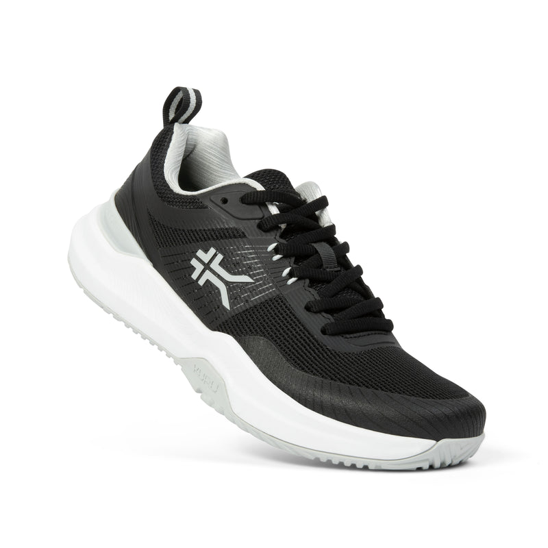 Angled profile view of the KURU VELOCITY Women's Sneaker in Jet Black-Dove Gray.
