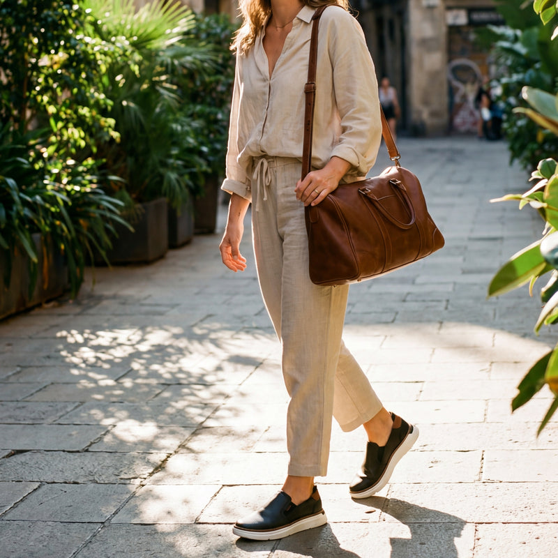 Pair of KURU ROAM 2 Atla Women's Sneaker in Jet Black-Cognac Brown, angled view.