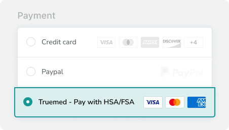 Payment method selection screen with Visa, Discover, and Truemed options.